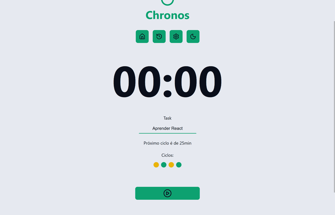 Chronos Pomodoro com tema claro mostrando cronômetro zerado