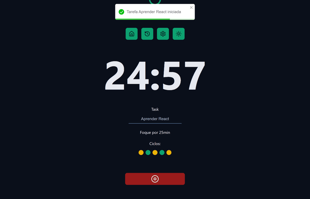 Chronos Pomodoro com tarefa ativa mostrando contador de ciclos completados