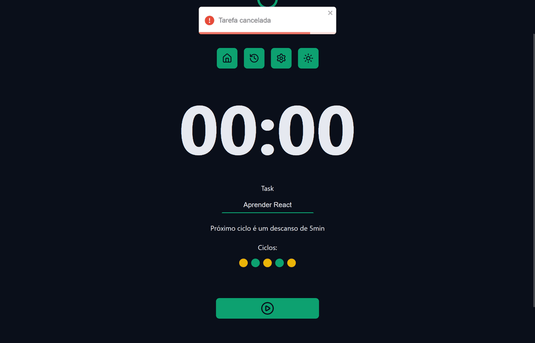 Página do histórico de tarefas do Chronos Pomodoro