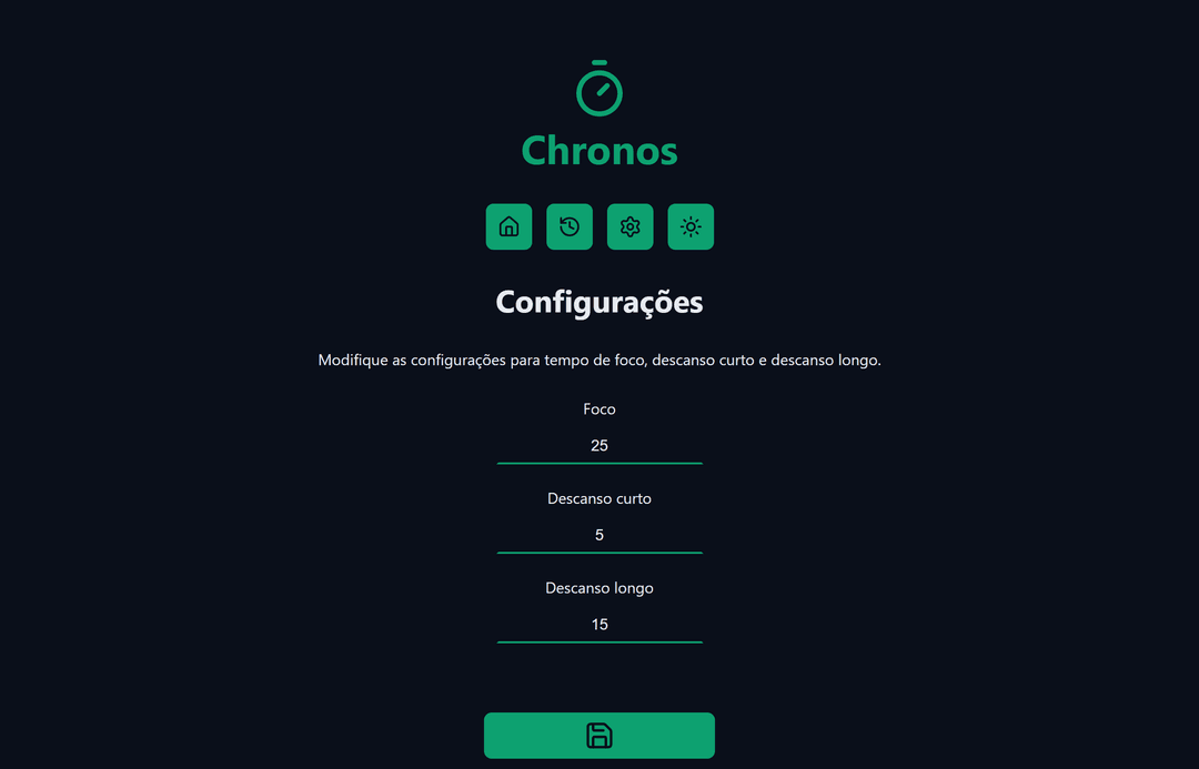 Página de informações sobre o Chronos Pomodoro