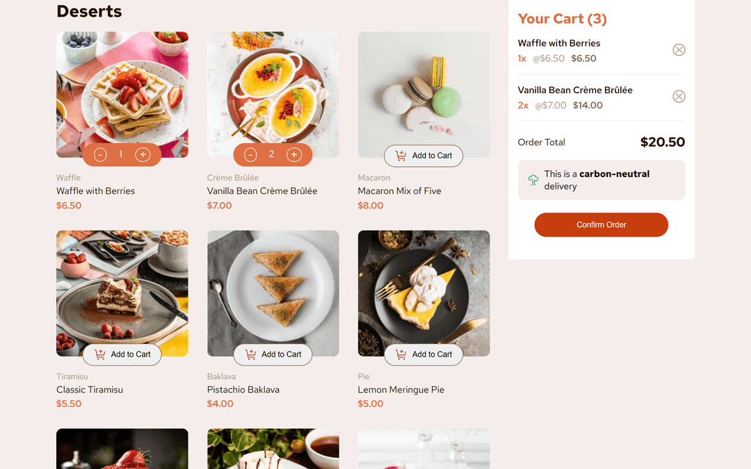 Menu de sobremesas com lista de produtos, imagens, preços e carrinho de compras com itens adicionados
