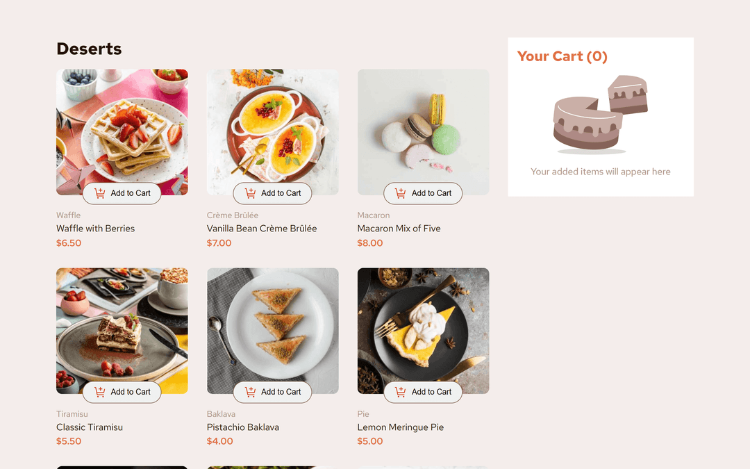 Menu completo de sobremesas com vários produtos, controles de quantidade e opções de adicionar ao carrinho