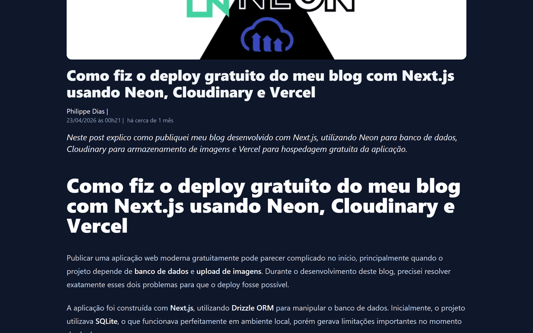 Artigo sobre deploy gratuito do blog com Next.js, Neon, Cloudinary e Vercel