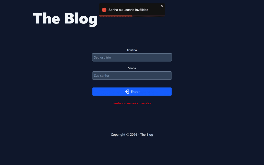 Mensagem de erro de validação no formulário de login indicando usuário ou senha inválidos
