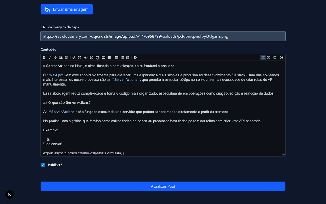 Painel administrativo com navegação superior mostrando opções Home, Posts, Criar Post e Sair